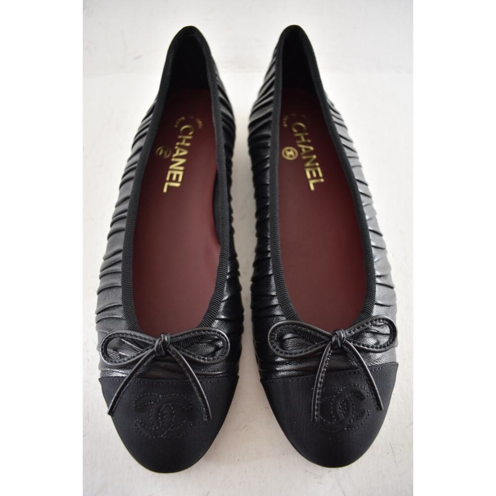 Chanel 26A Black Pleated Lambskin Leather CC Logo Bow Ballet Ballerina Flat 41.5 - Picture 8 of 16